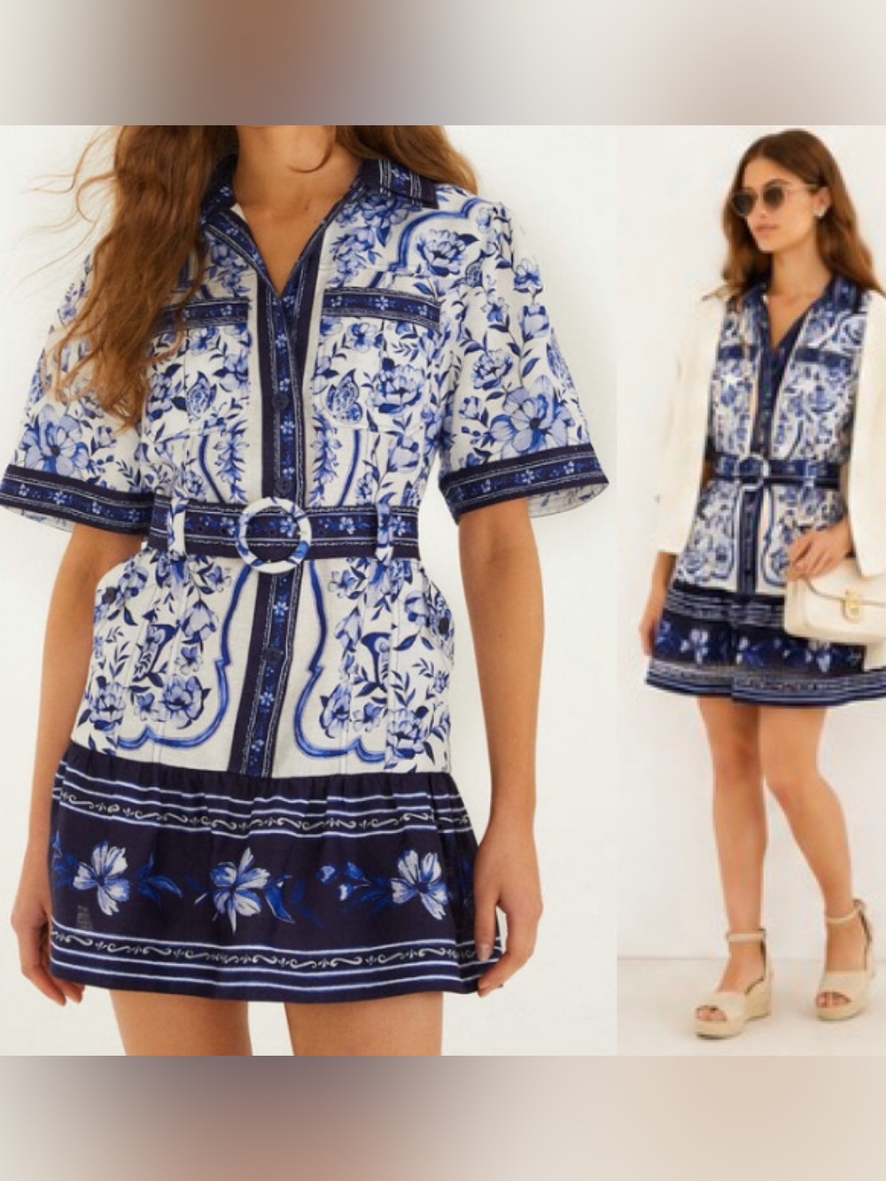 FARM Rio Blue and White Floral Belted Mini Dress